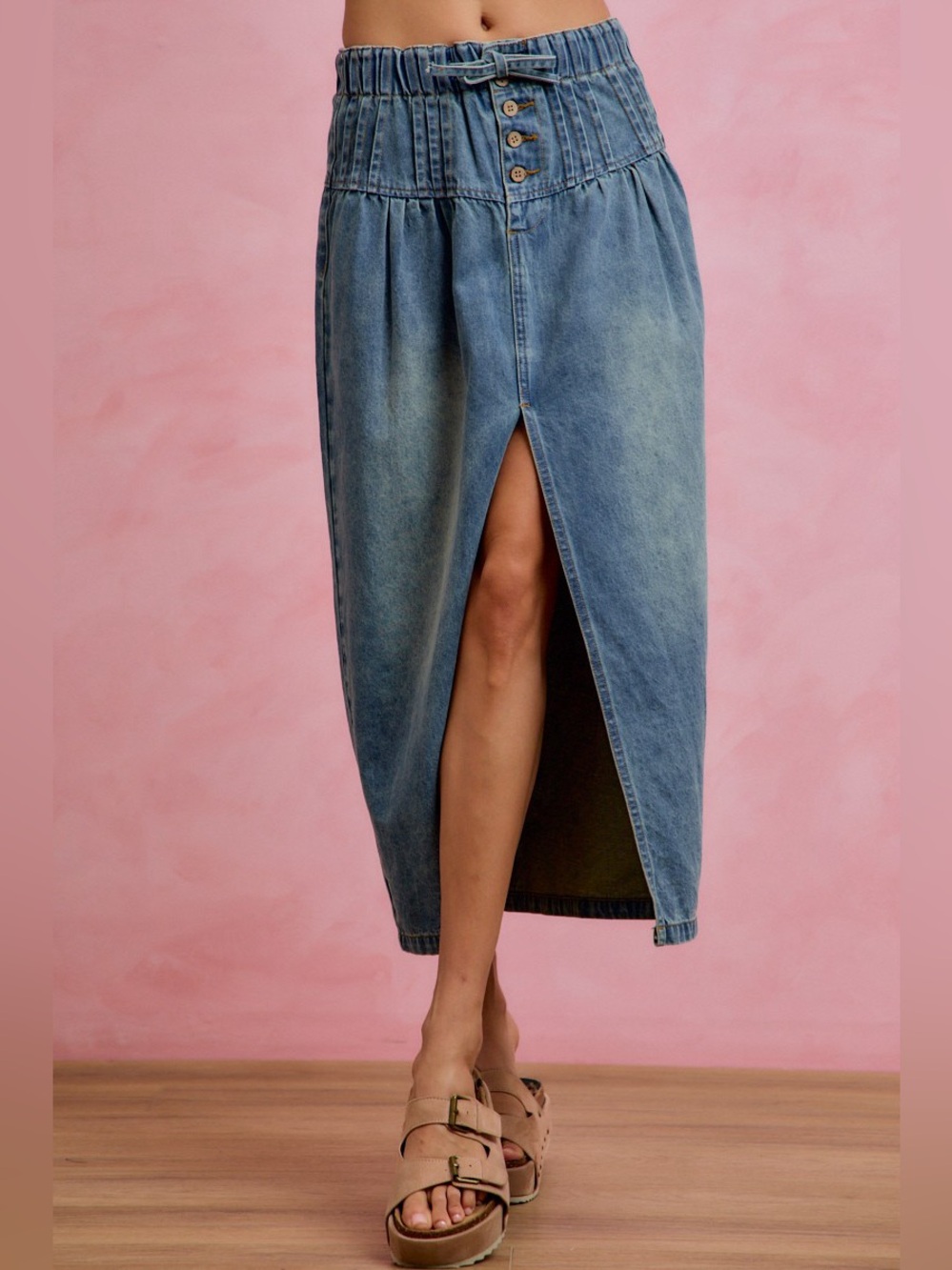 SO ME Pleated Washed Denim Skirt With Front Slit